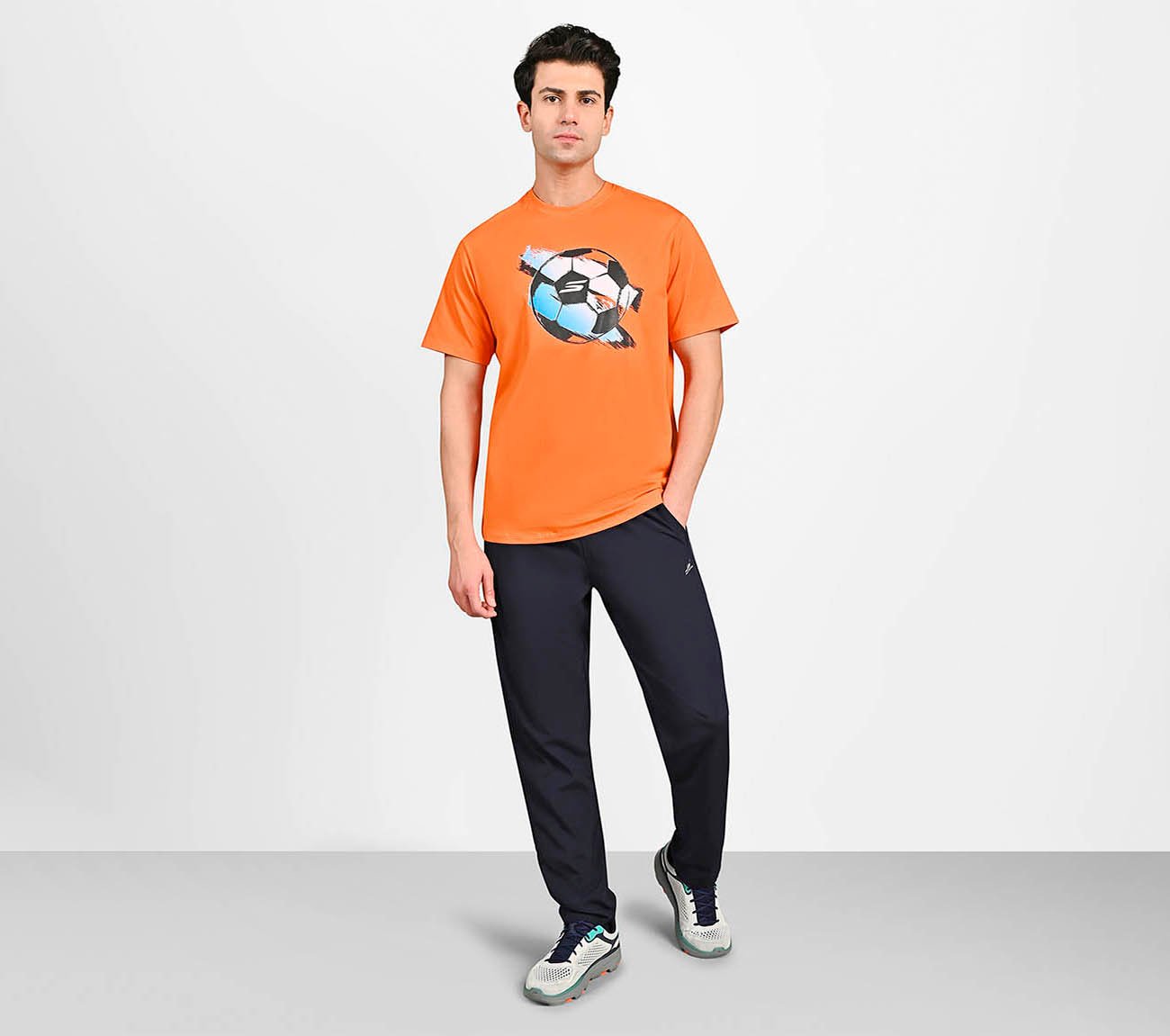 SKECHERS MENS SOCCER BALL OVERSIZE, TAUPE/ ORANGE Apparel Right View