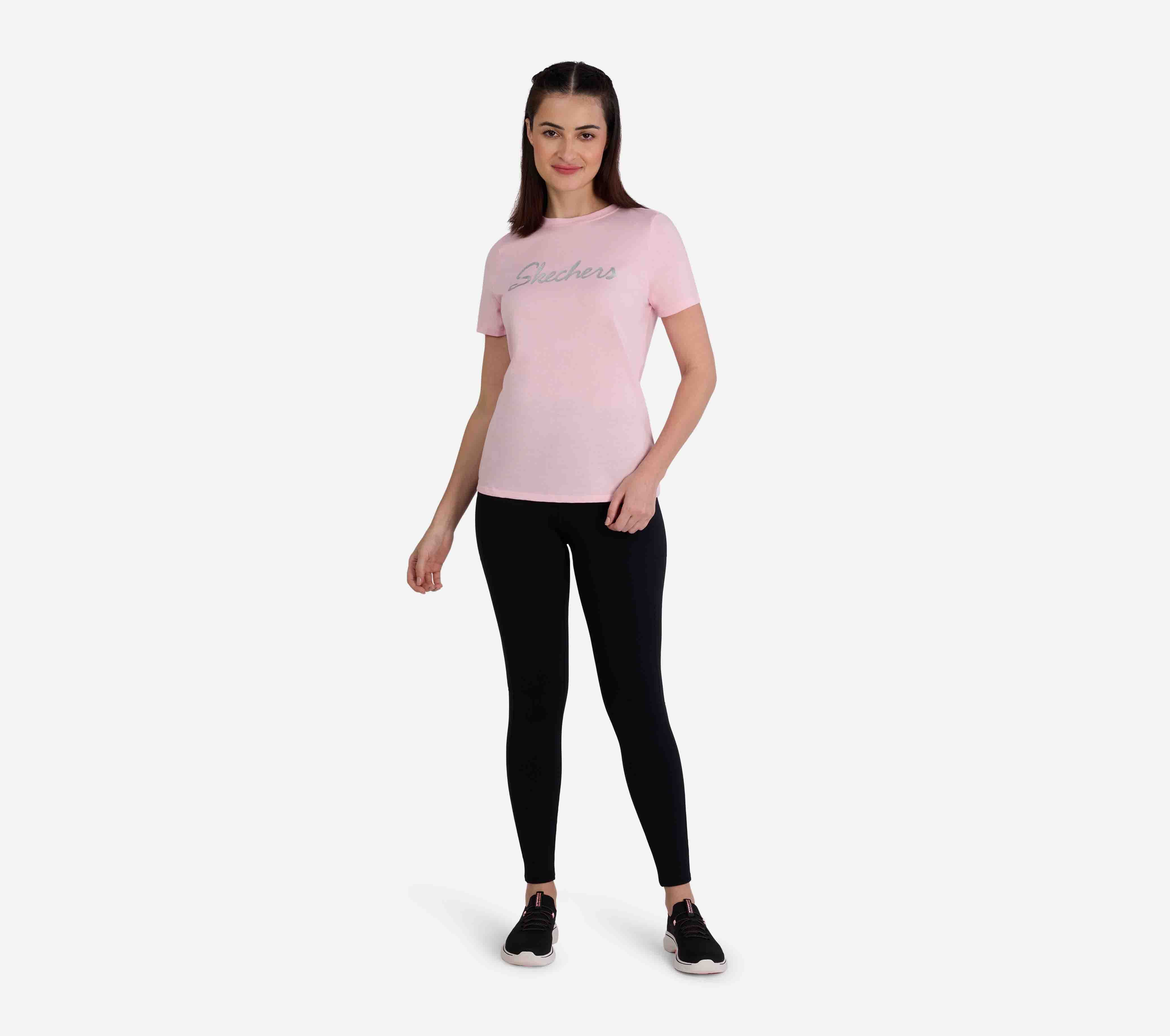 SKECHERS METALLIC LOGO T-SHIRT, PINK SILVER Apparel Left View