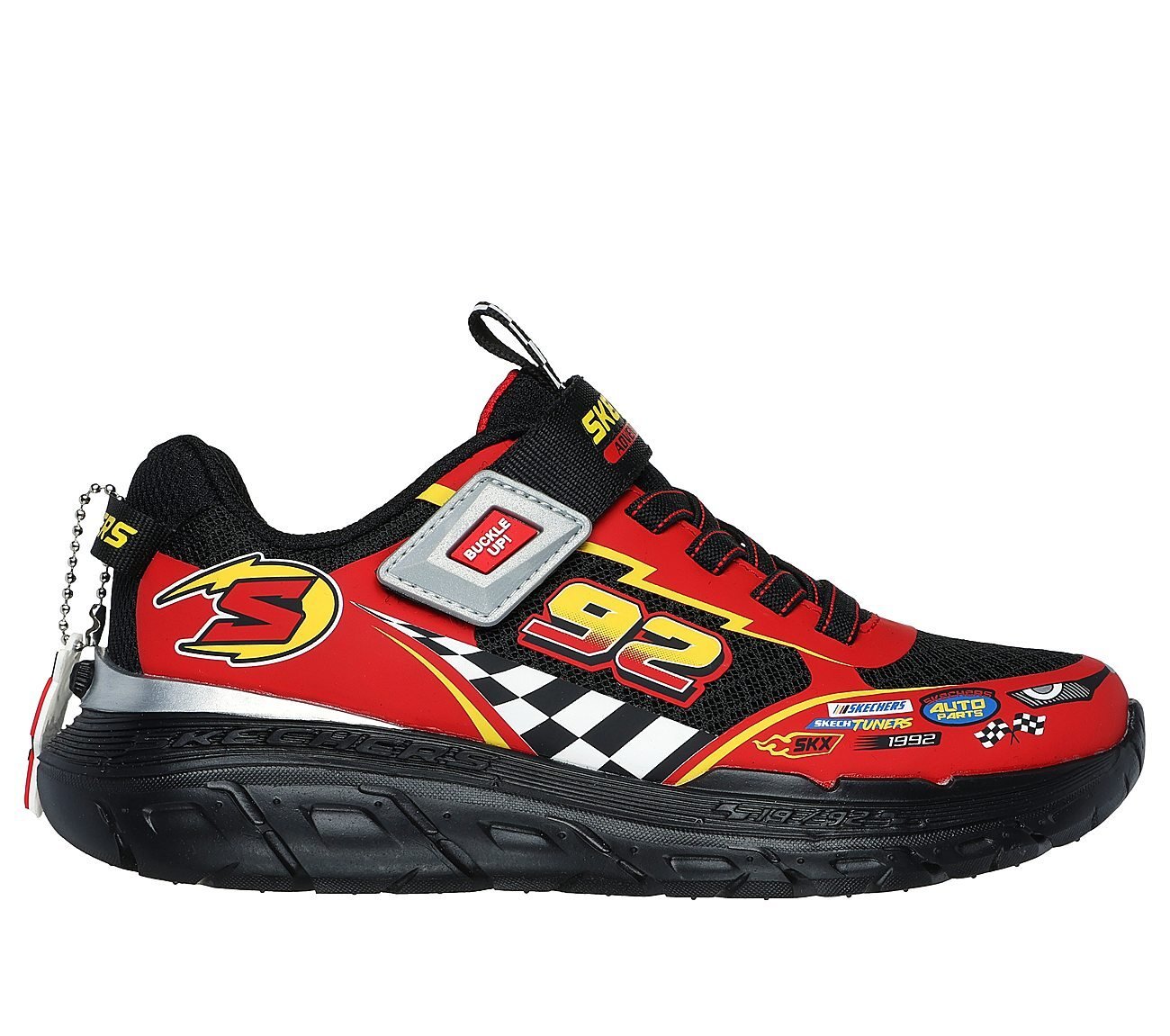 SKECH TRACKS, BLACK/RED Footwear Lateral View