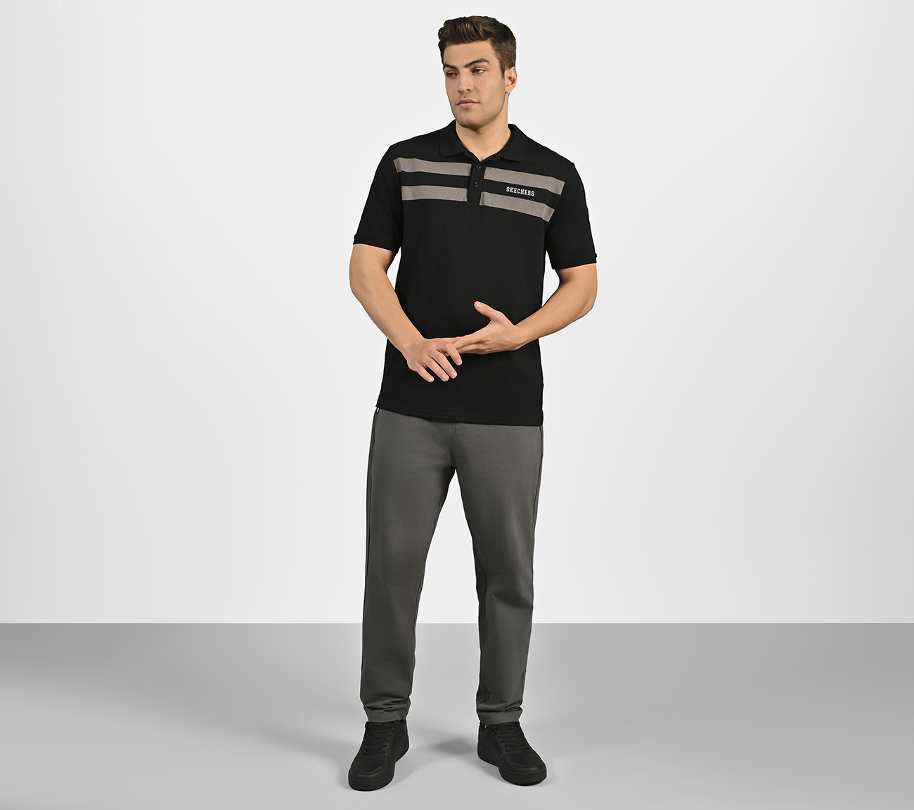 BRANDED DOUBLE PLACKET POLO, BLACK Apparel Right View