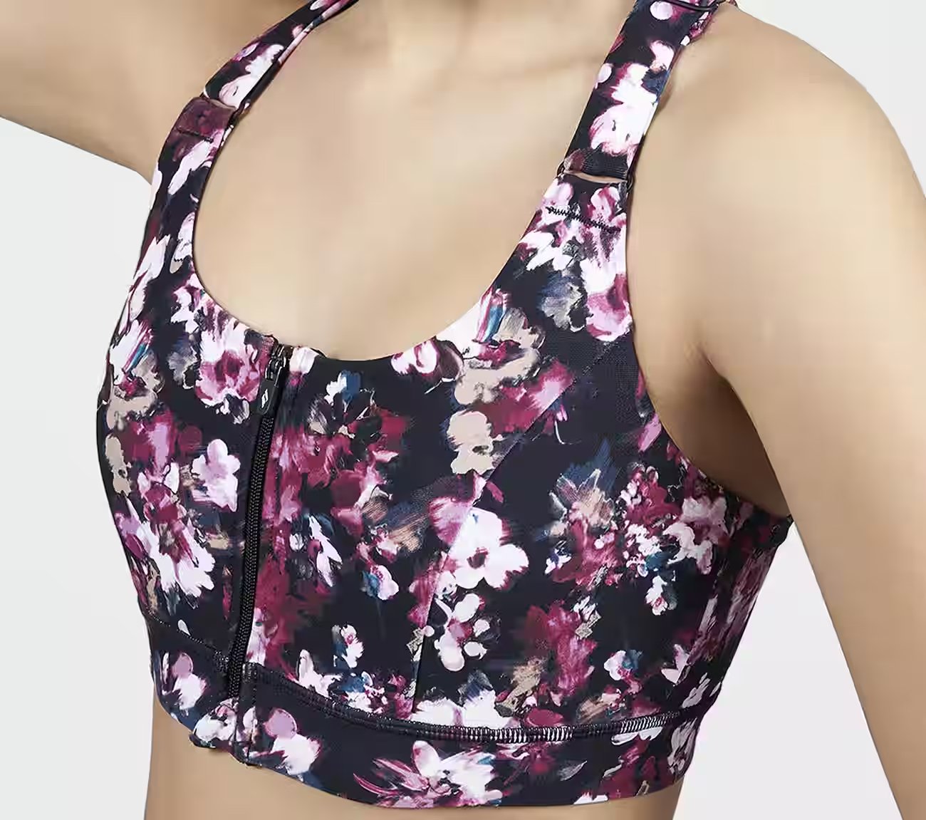 MISTY FLORAL ZIP FRONT BRA, BLACK/MAUVE Apparel Right View