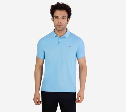 MENS PERFORMANCE POLO, GUNMETAL/TURQUOISE Apparel Lateral View