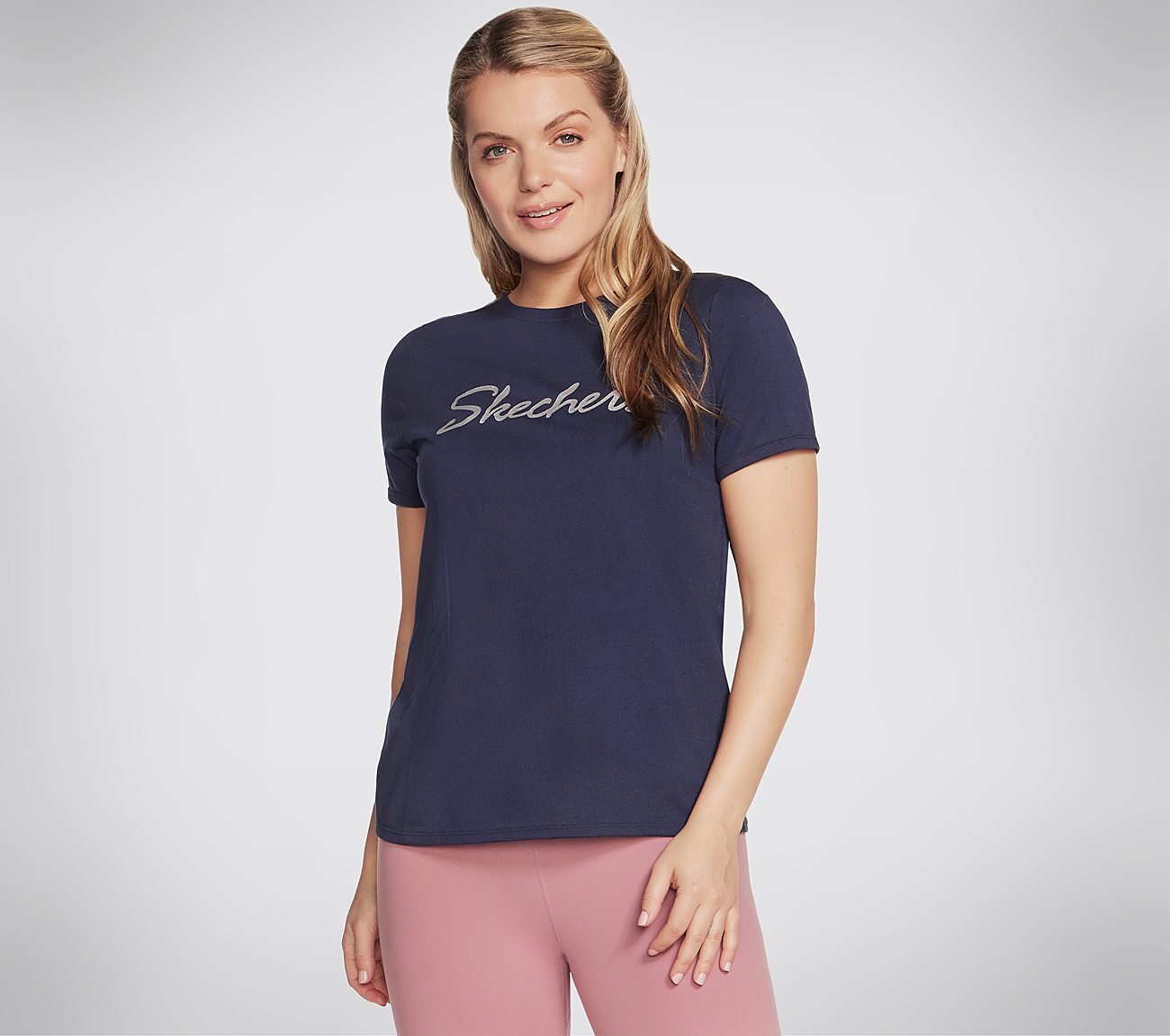 SKECHERS METALLIC LOGO T-SHIRT, NNNAVY Apparel Lateral View