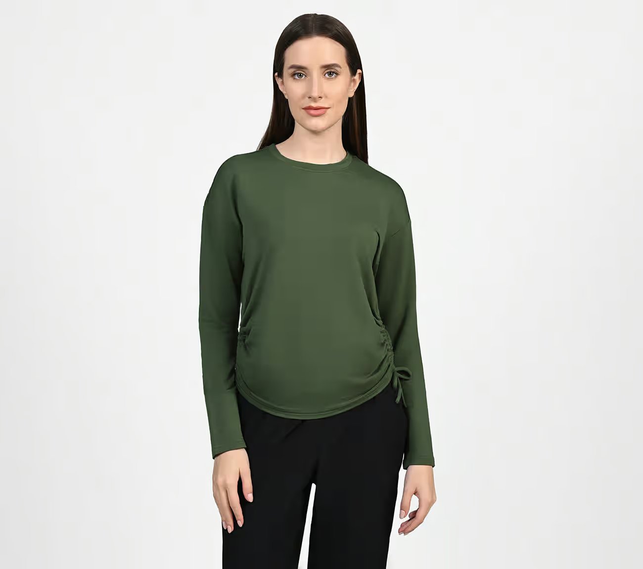 SKECHLUXE RENEW CREW, OLIVE/BLACK Apparel Lateral View