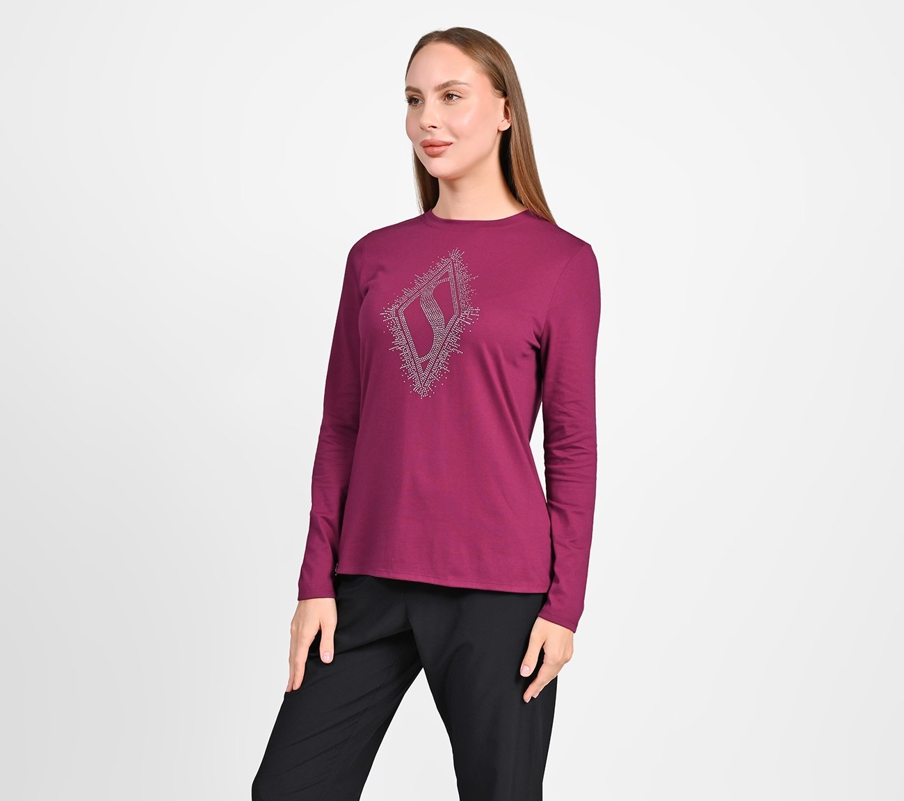 RHINESTONE BURST LS TEE, RED PLUM Apparel Top View