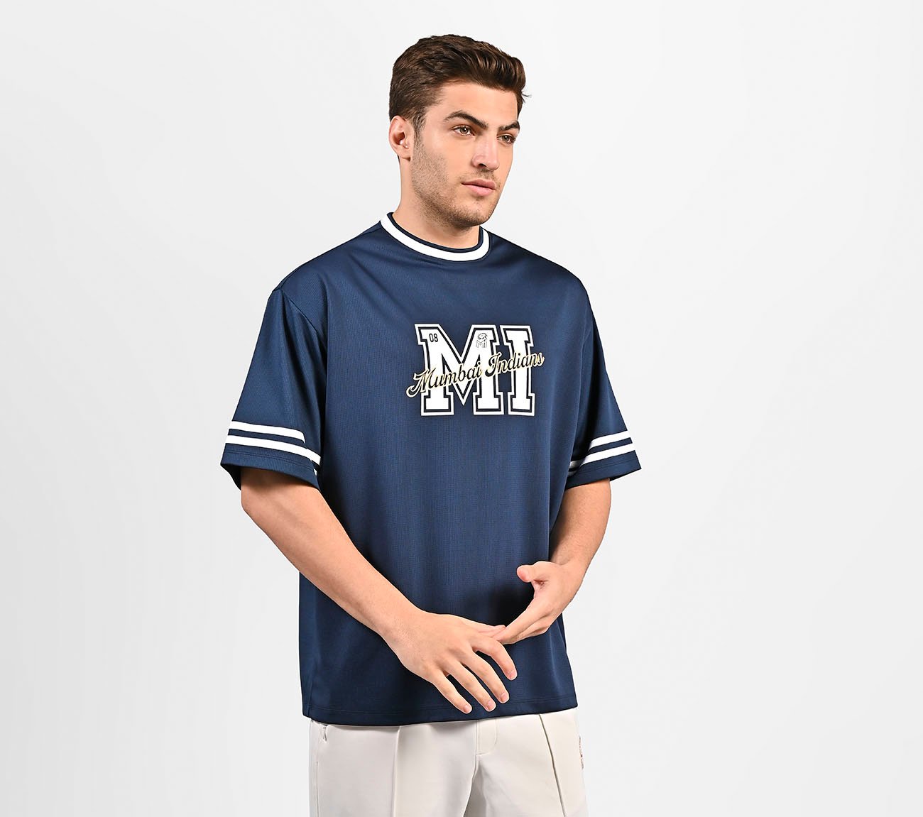 MUMBAI INDIANS: MESH T-SHIRT, NAVY/PERIWINKLE Apparel Top View