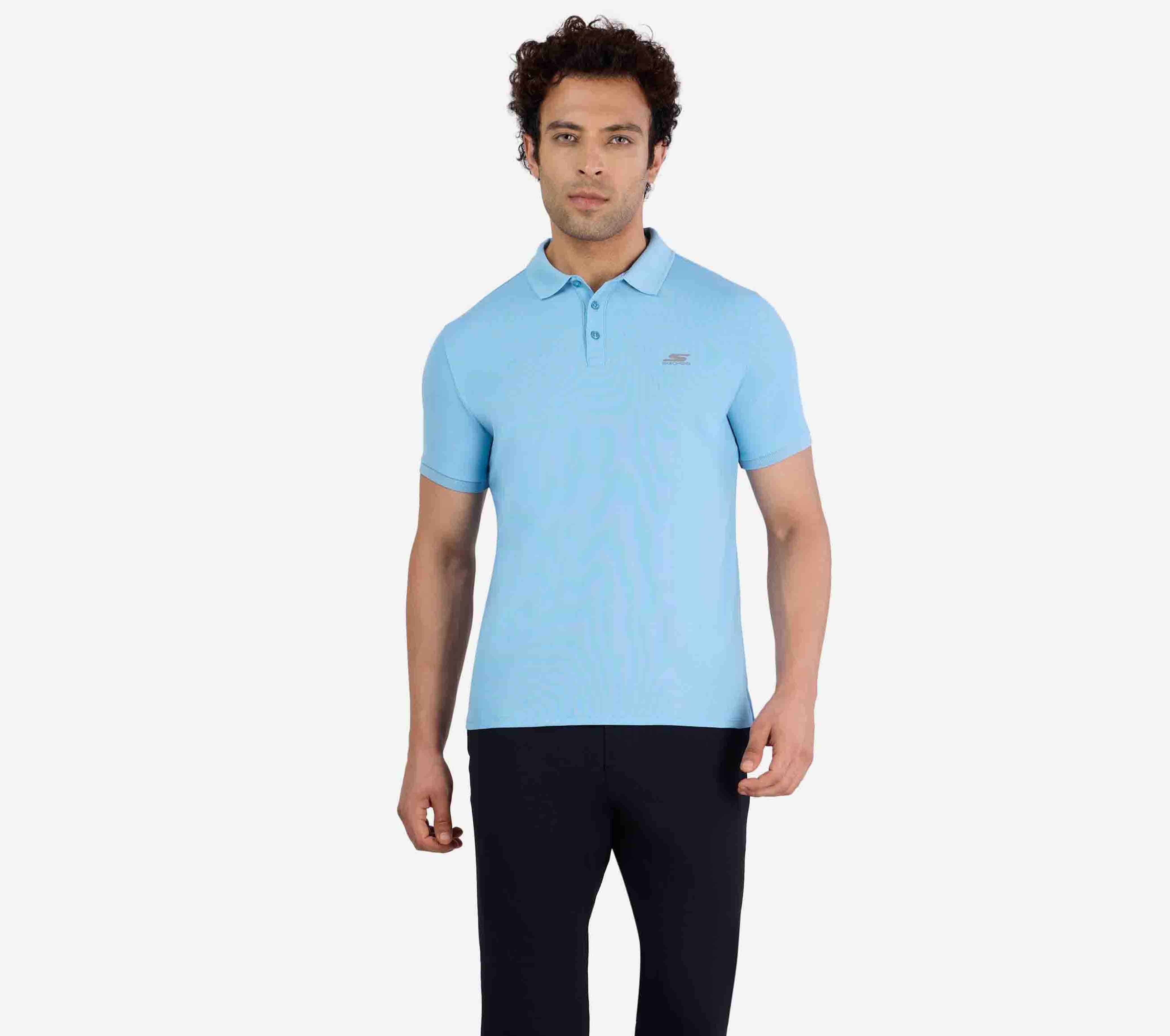 MENS PERFORMANCE POLO, GUNMETAL/TURQUOISE Apparel Left View