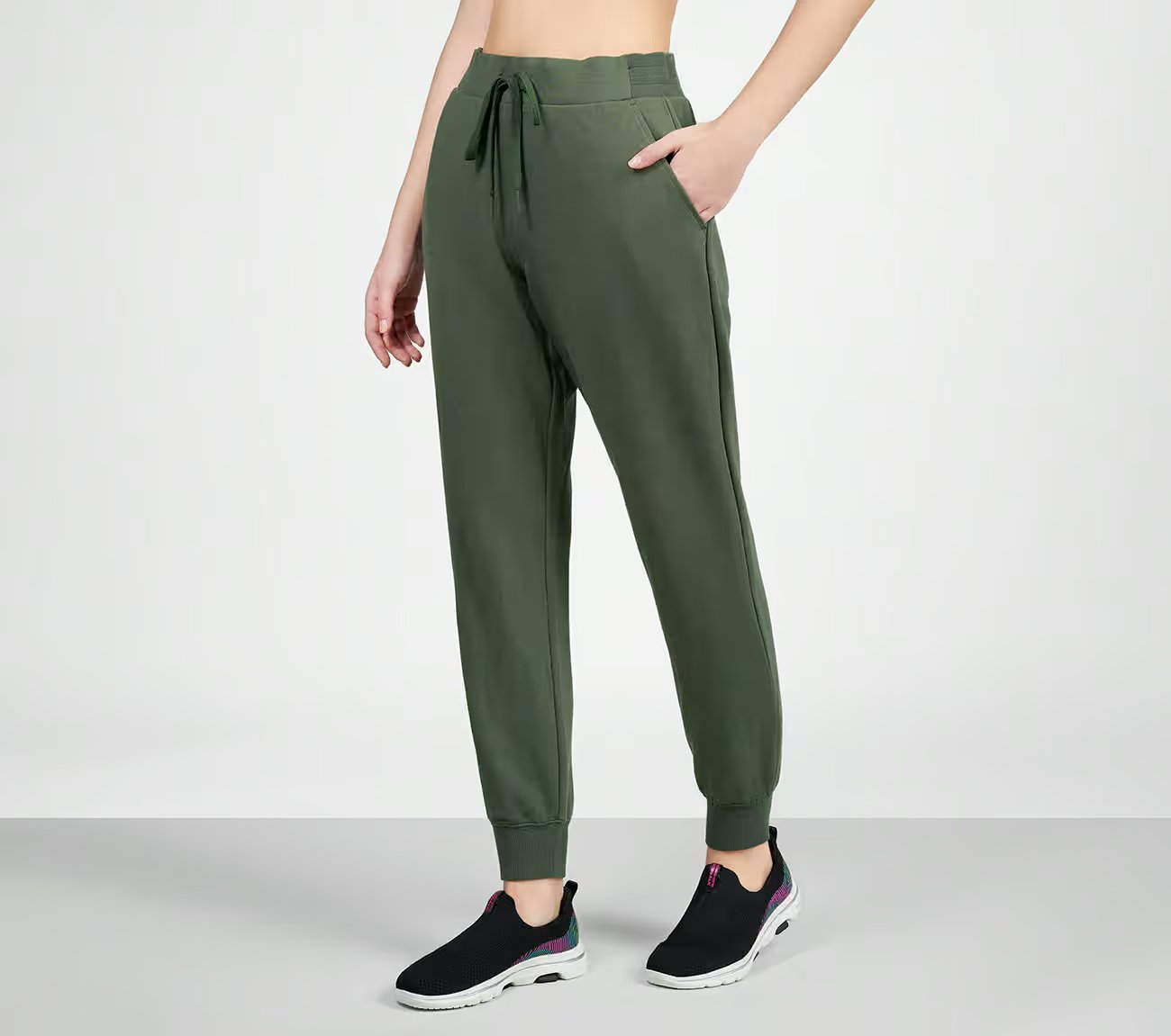 SKECHLUXE RENEW JOGGER, OLIVE/BLACK Apparel Top View