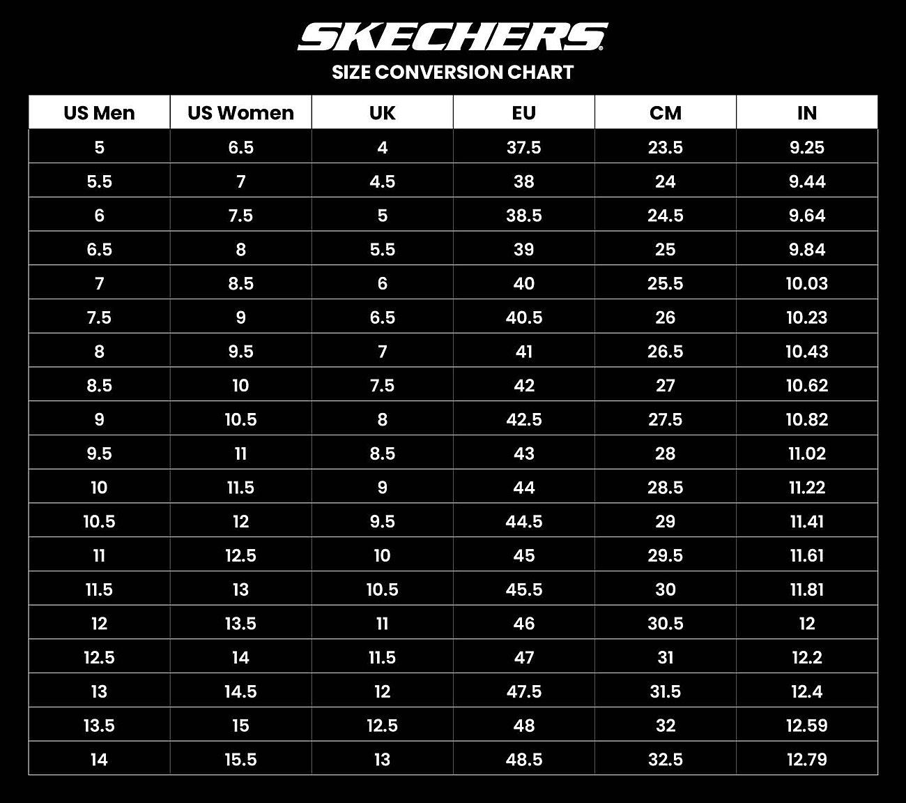 Skechers size chart store us