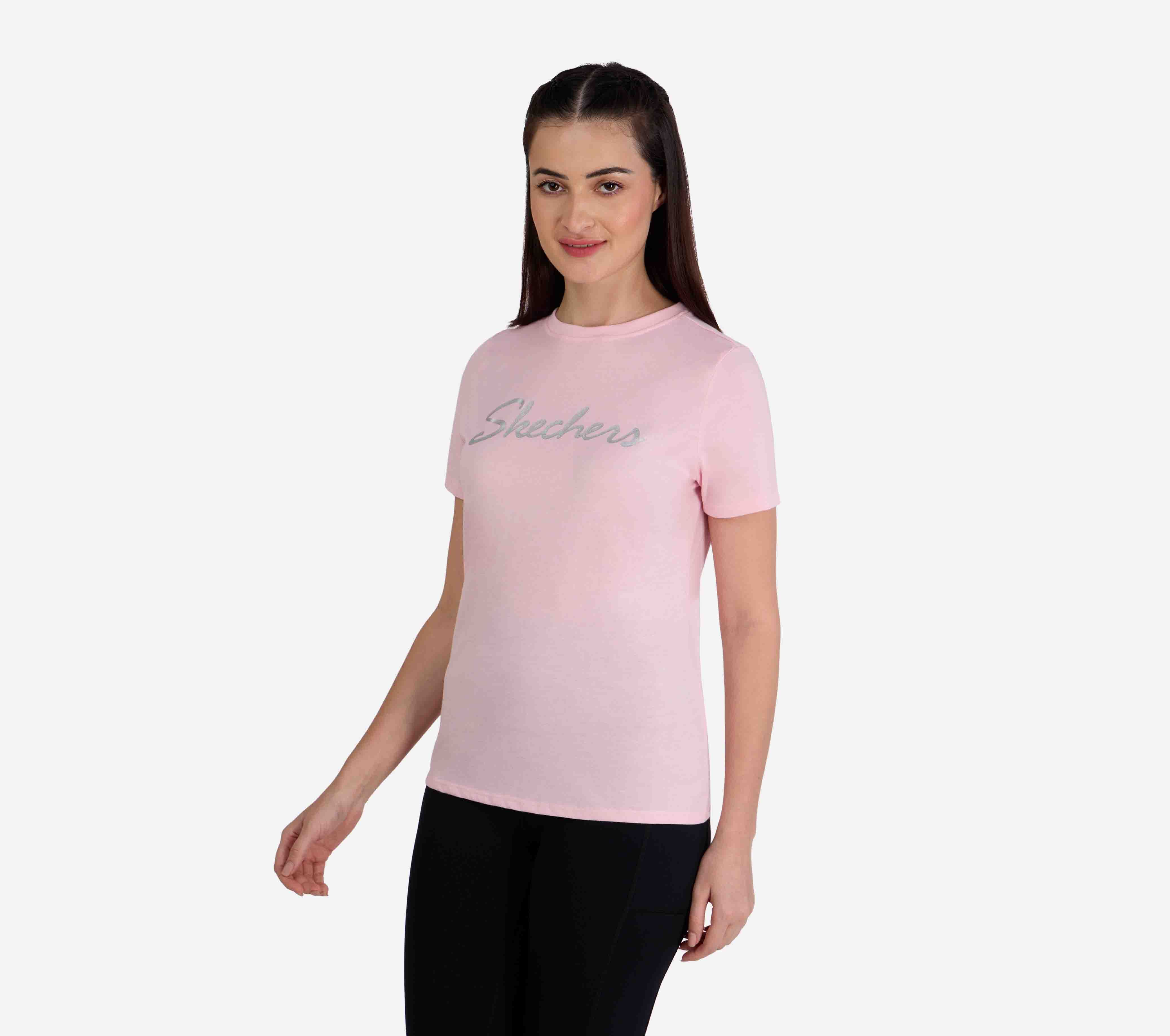 SKECHERS METALLIC LOGO T-SHIRT, PINK SILVER Apparel Top View