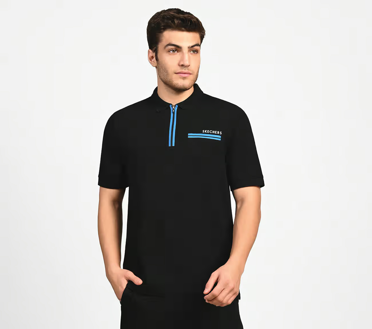 OASIS TWILL PLACKET POLO, BLACK/CHARCOAL/BLUE Apparel Lateral View