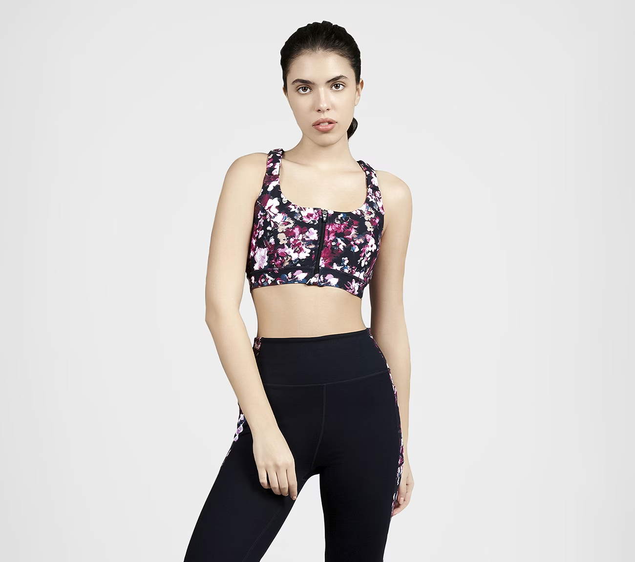 MISTY FLORAL ZIP FRONT BRA, BLACK/MAUVE Apparel Lateral View