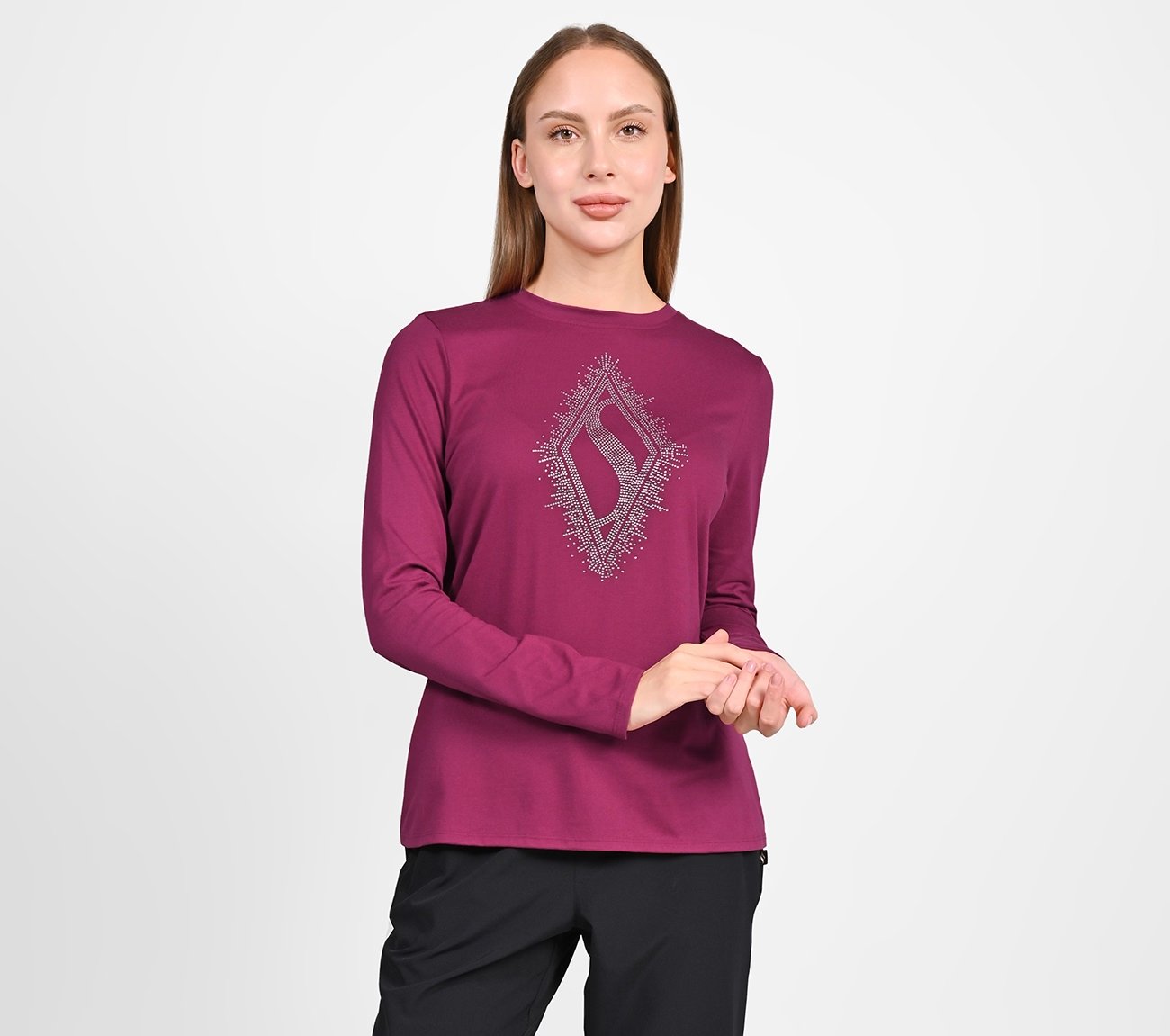 RHINESTONE BURST LS TEE, RED PLUM Apparel Lateral View