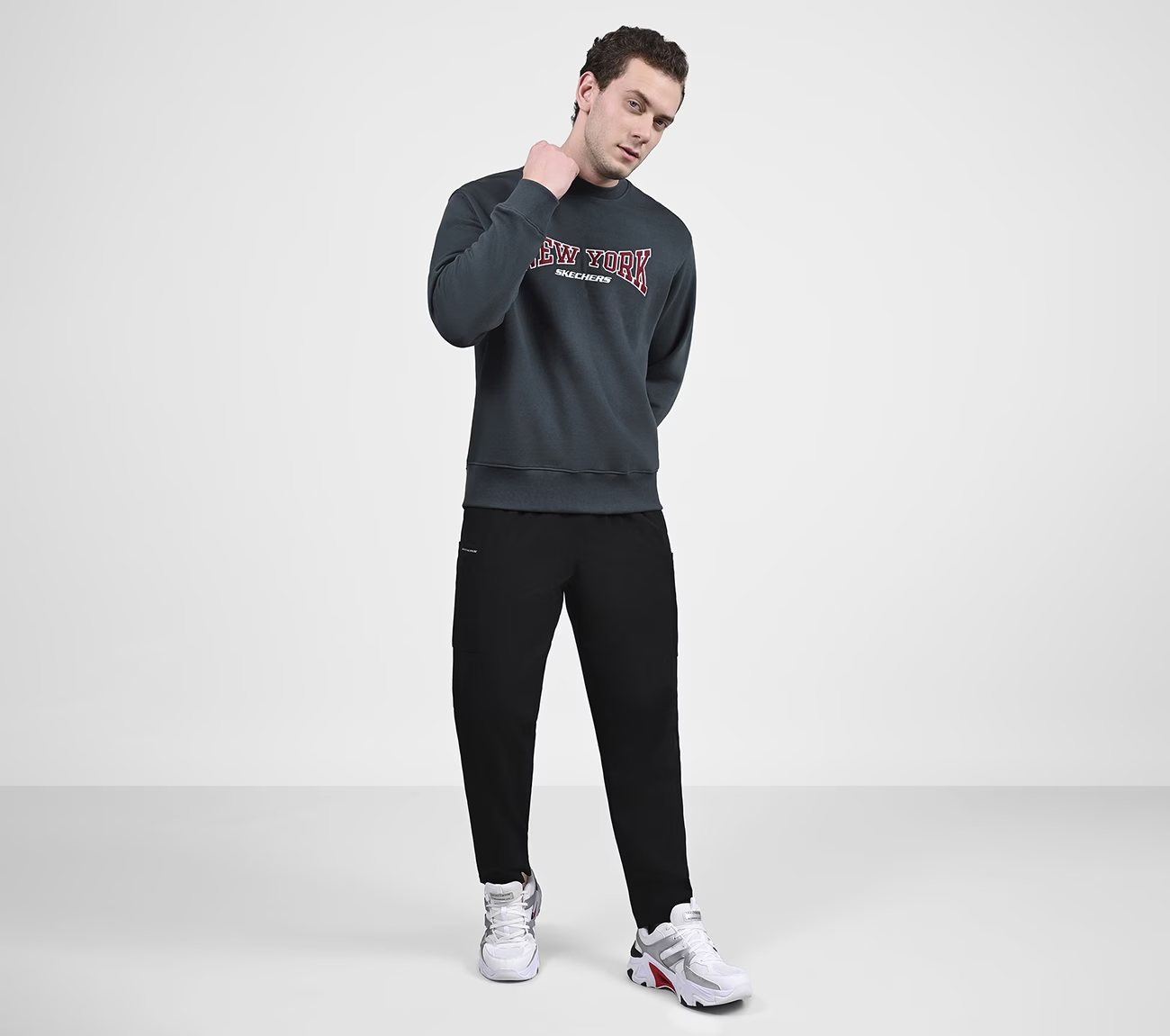 SKECH-SWEATS NY CREW, CHARCOAL/NAVY Apparel Right View