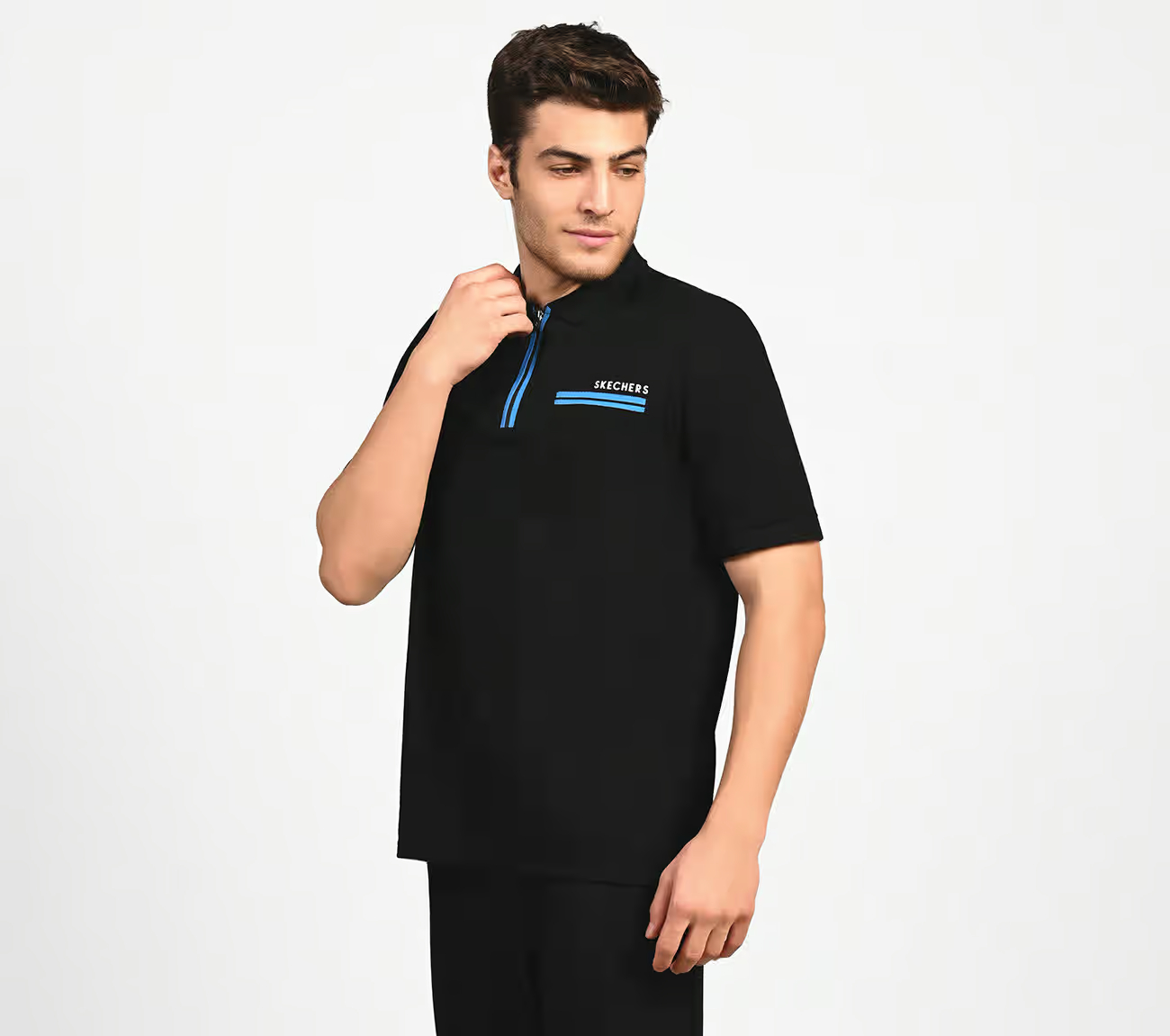 OASIS TWILL PLACKET POLO, BLACK/CHARCOAL/BLUE Apparel Top View