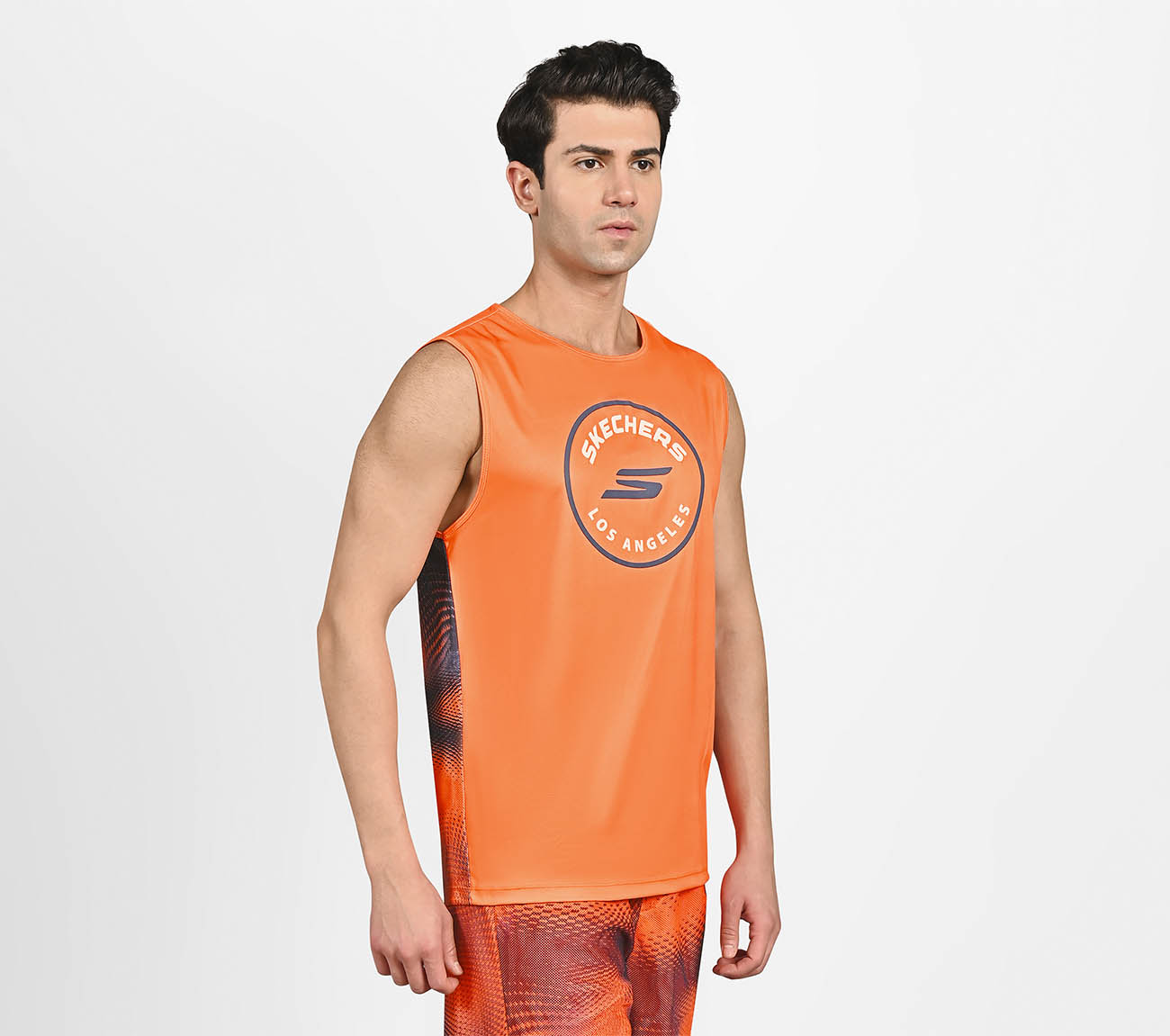 MENS SOCCER PERFORMANCE TANK, TAUPE/ ORANGE Apparel Top View