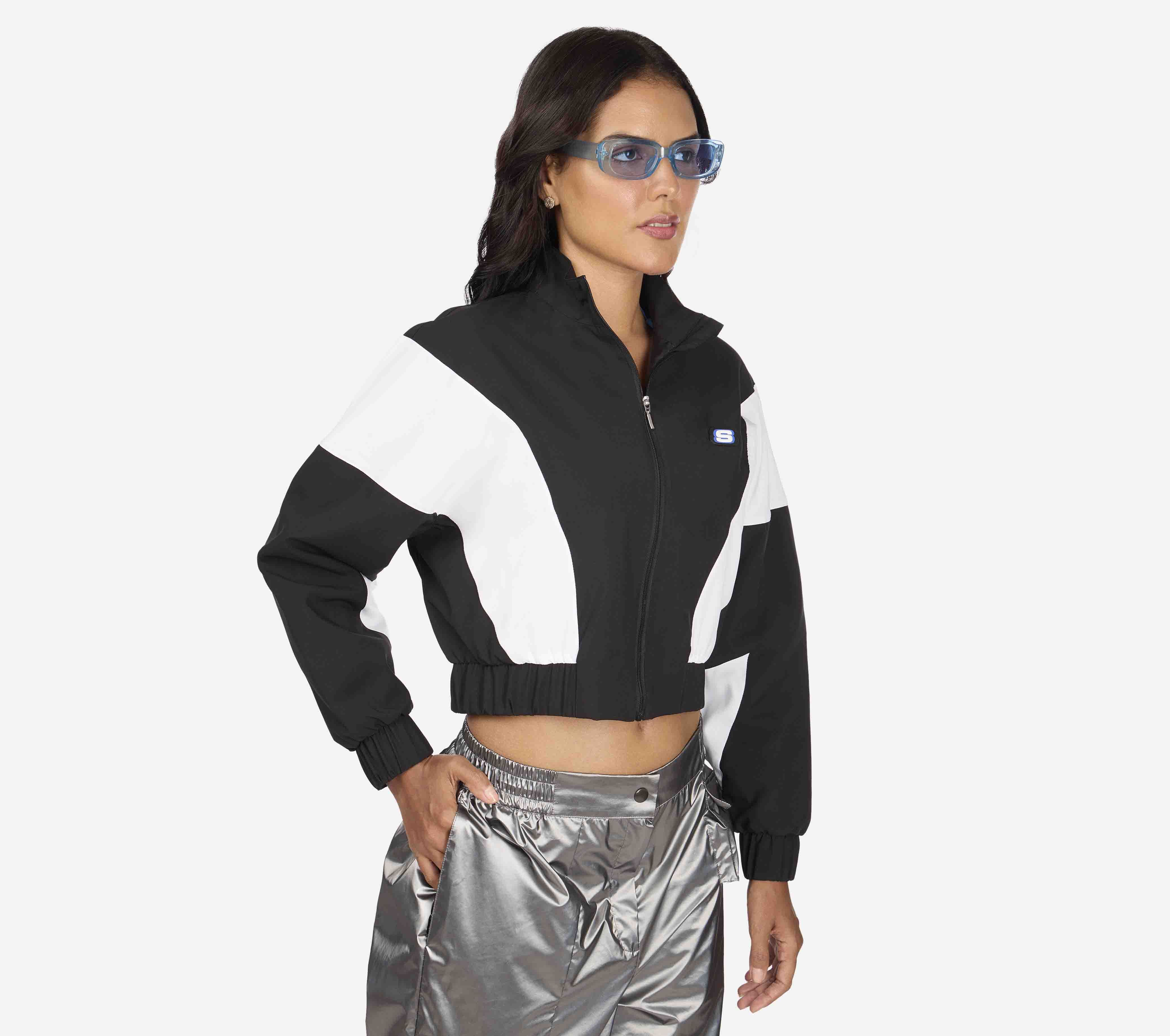 MULTI PANELLED BOMBER, BLACK-CREAM Apparel Bottom View