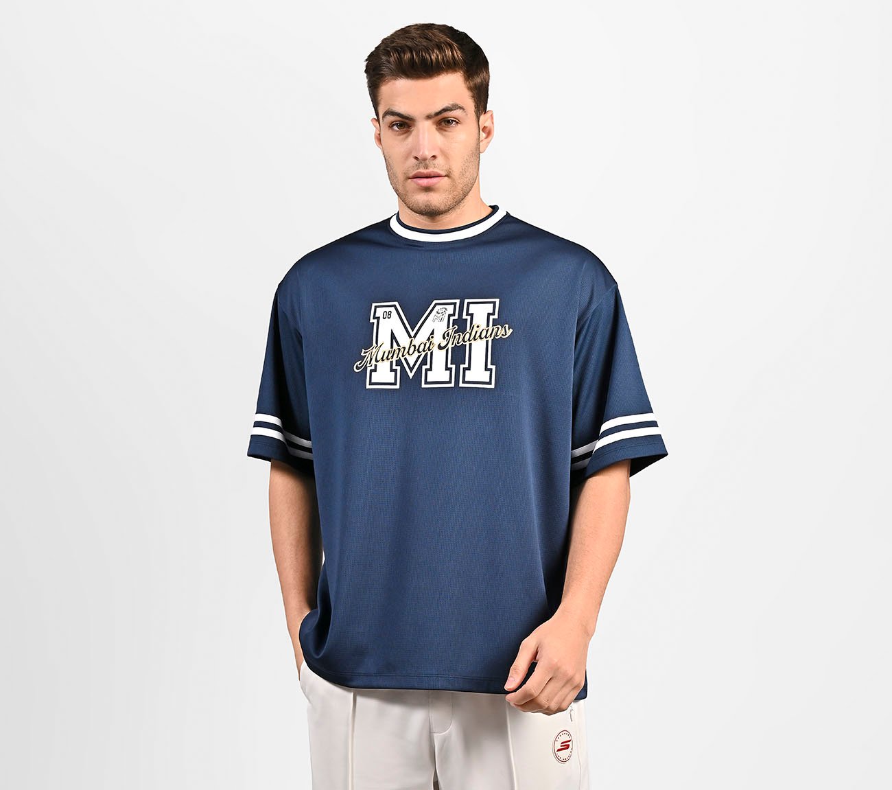 MUMBAI INDIANS: MESH T-SHIRT, NAVY/PERIWINKLE Apparel Lateral View