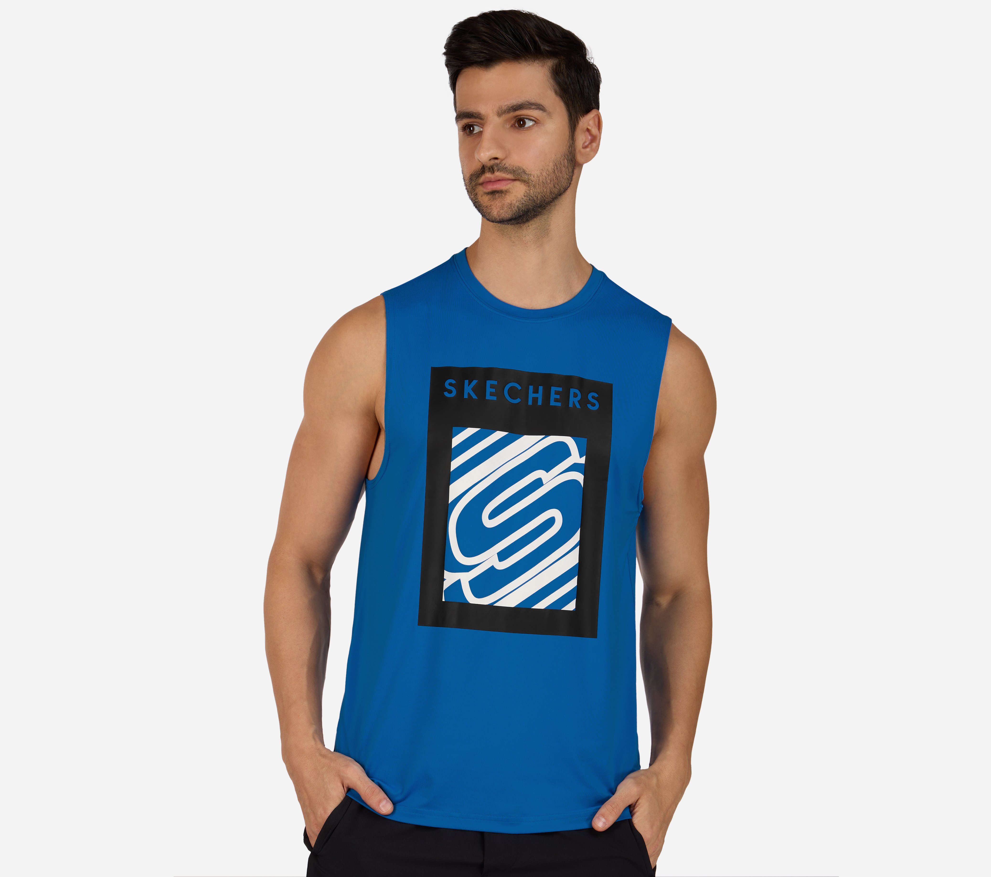 GODRI SWIFT LOGO TANK, NAVY/BLUE Apparels Lateral View