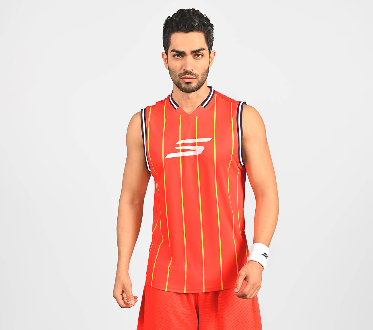 BASKETBALL V NECK TANK, WHITE/BLACK/ORANGE Apparel Lateral View