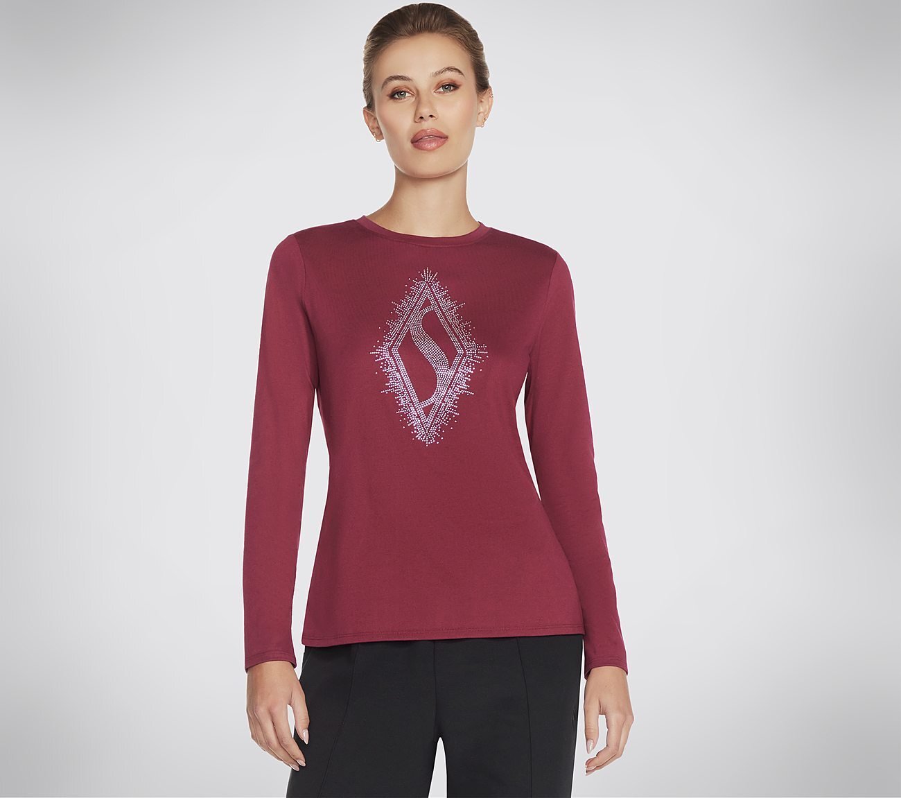 RHINESTONE BURST LS TEE, RED PLUM Apparel Lateral View