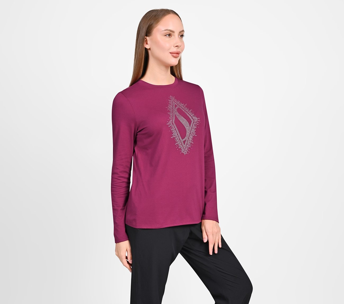 RHINESTONE BURST LS TEE, RED PLUM Apparel Bottom View