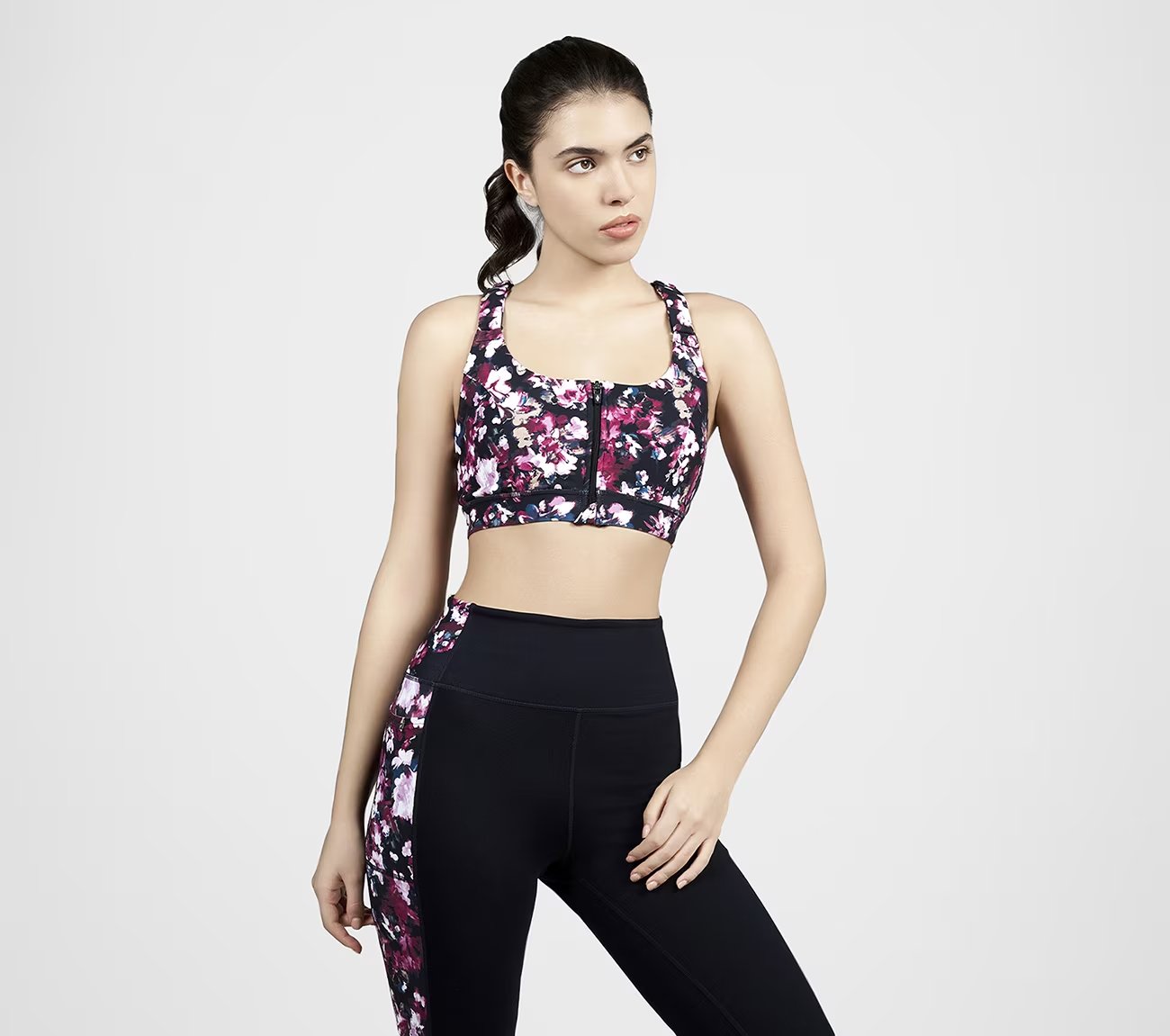 MISTY FLORAL ZIP FRONT BRA, BLACK/MAUVE Apparel Bottom View