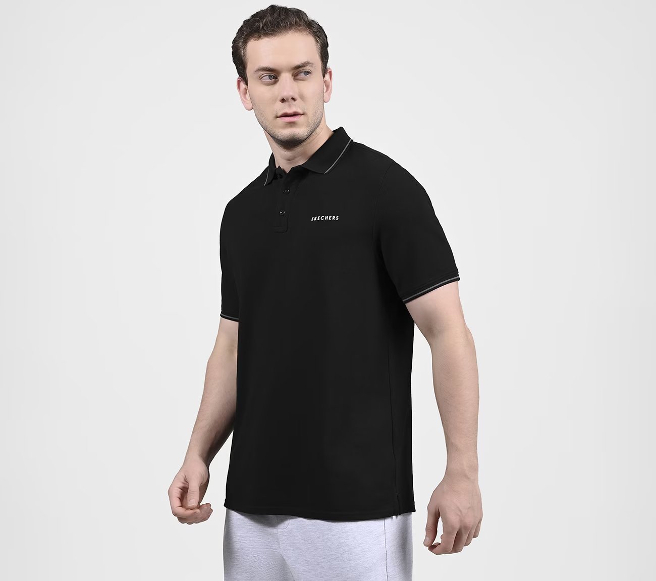 SKECHERS EVERYDAY POLO, BLACK/CHARCOAL/BLUE Apparel Top View