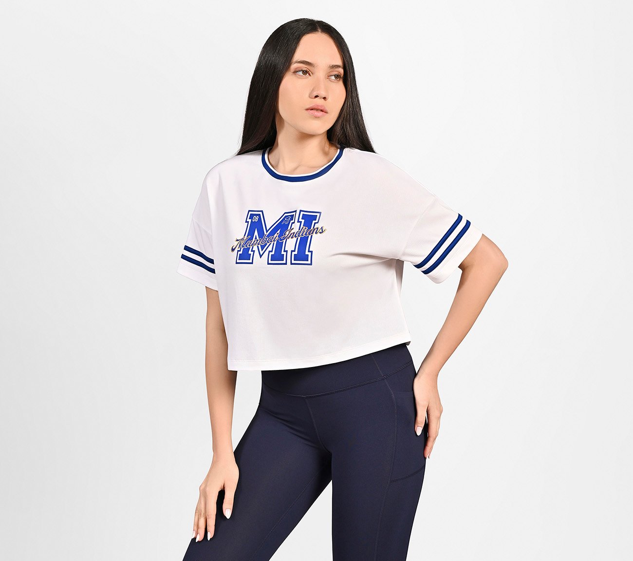 MUMBAI INDIANS: MESH CROP TOP, WHITE Apparel Bottom View