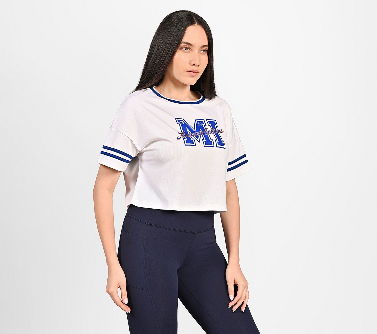 MUMBAI INDIANS: MESH CROP TOP, WHITE Apparel Top View