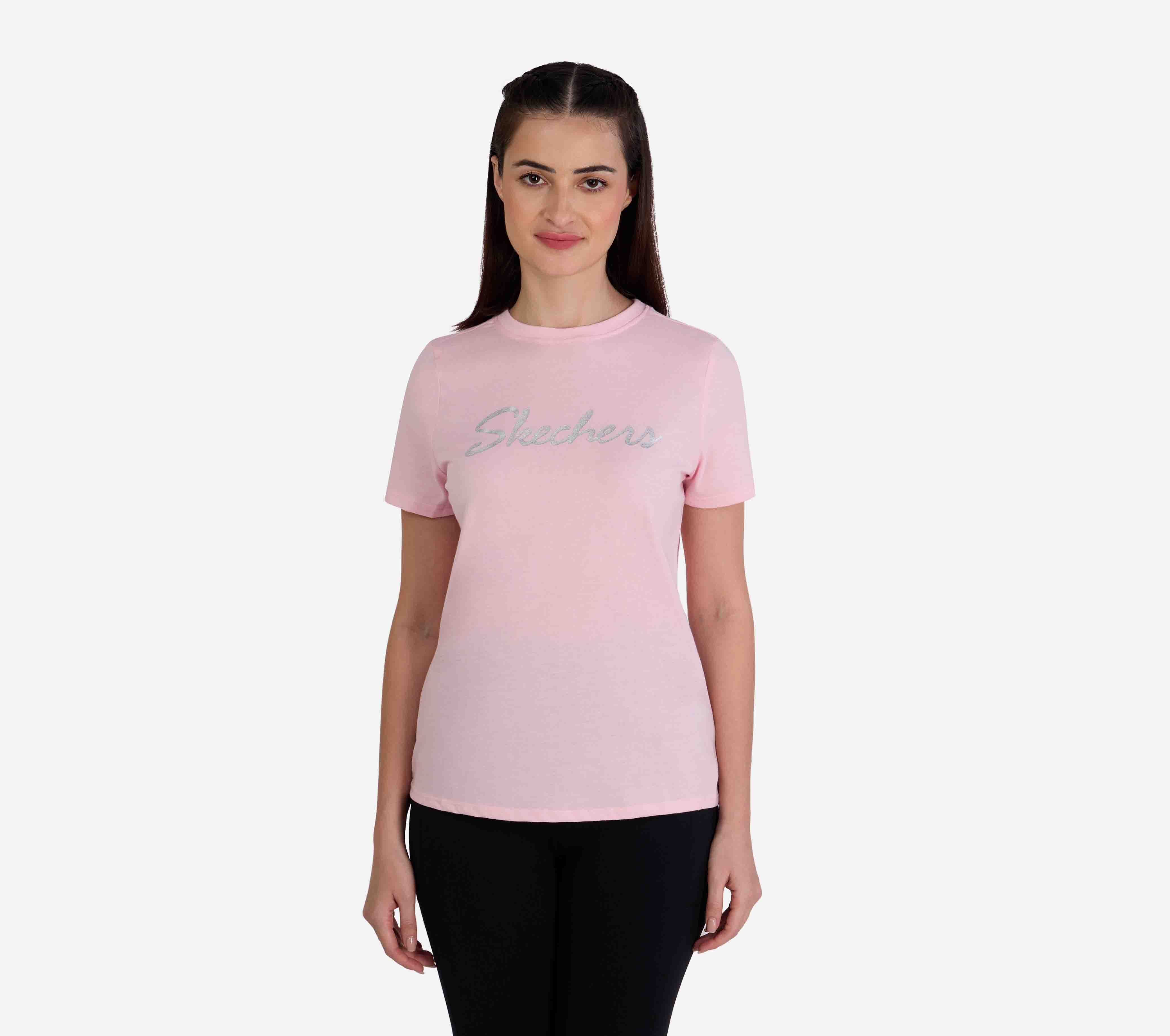 SKECHERS METALLIC LOGO T-SHIRT, PINK SILVER Apparel Lateral View