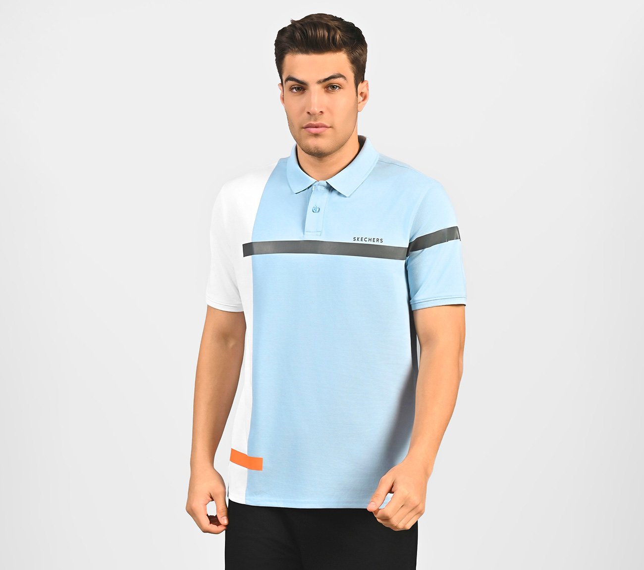 CUT AND SEW POLO, CHARCOAL/LT. BLUE Apparel Lateral View