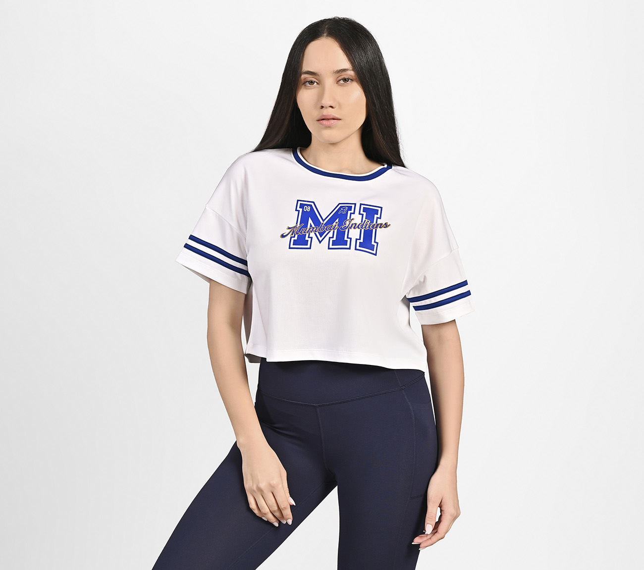 MUMBAI INDIANS: MESH CROP TOP, WHITE Apparel Lateral View