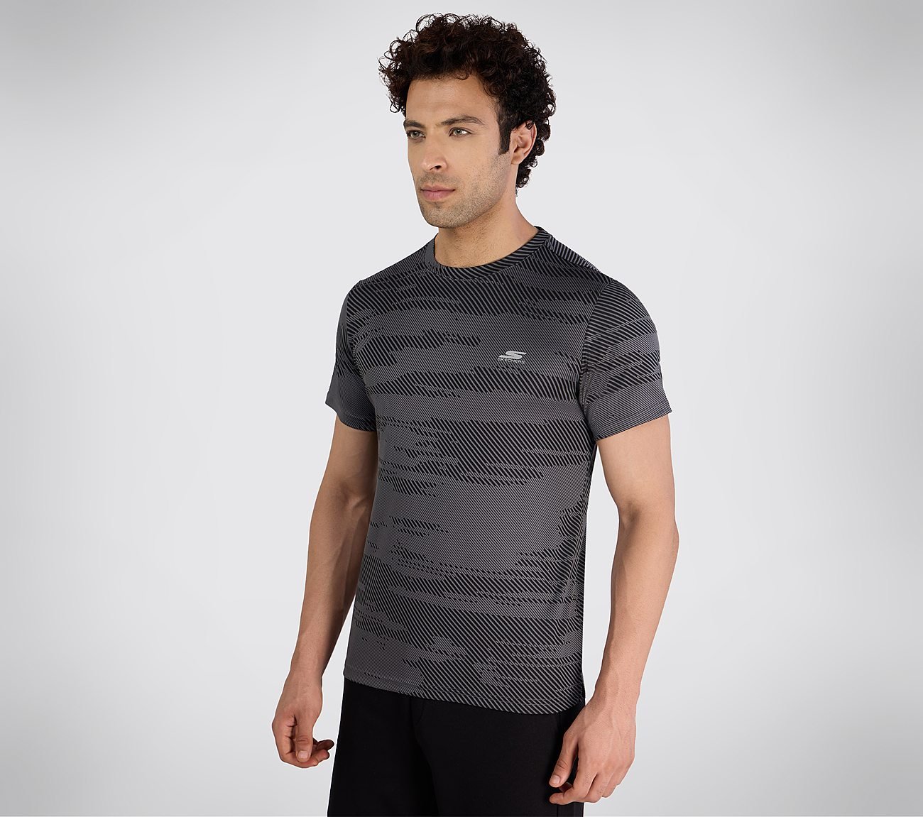 SS SKECHERS JACQUARD T-SHIRT, GUN METAL Apparel Top View