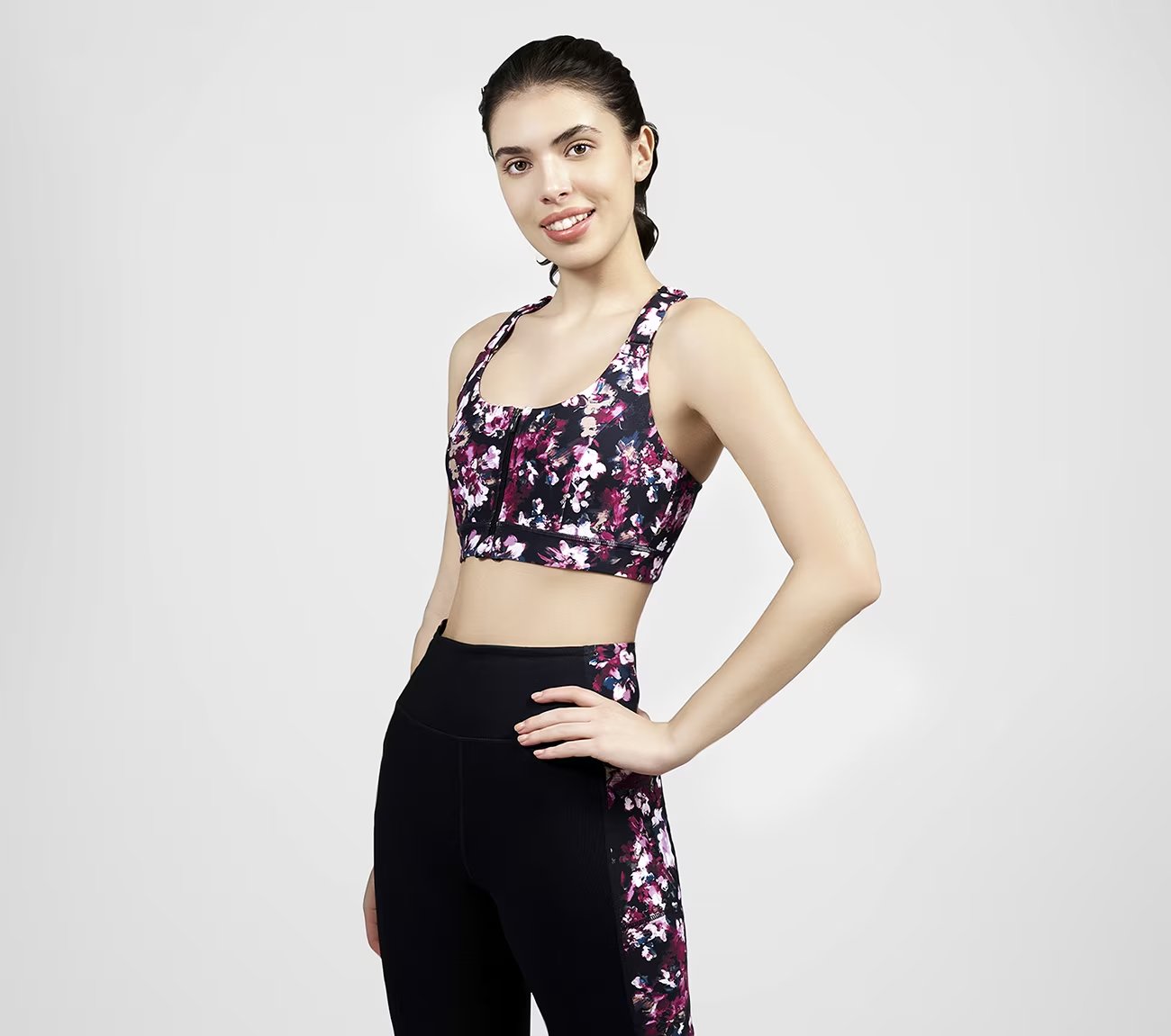 MISTY FLORAL ZIP FRONT BRA, BLACK/MAUVE Apparel Top View