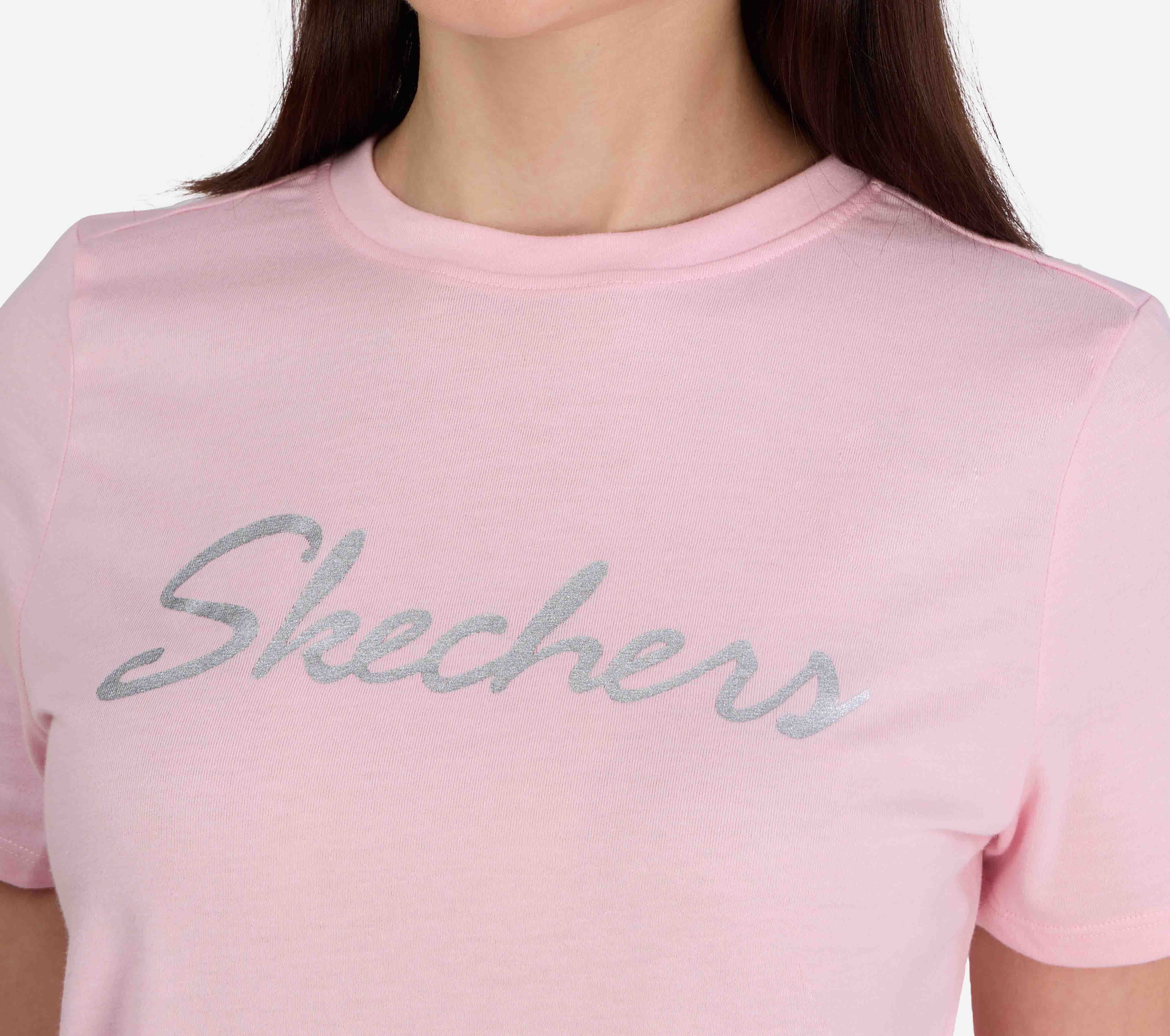 SKECHERS METALLIC LOGO T-SHIRT, PINK SILVER Apparel Right View