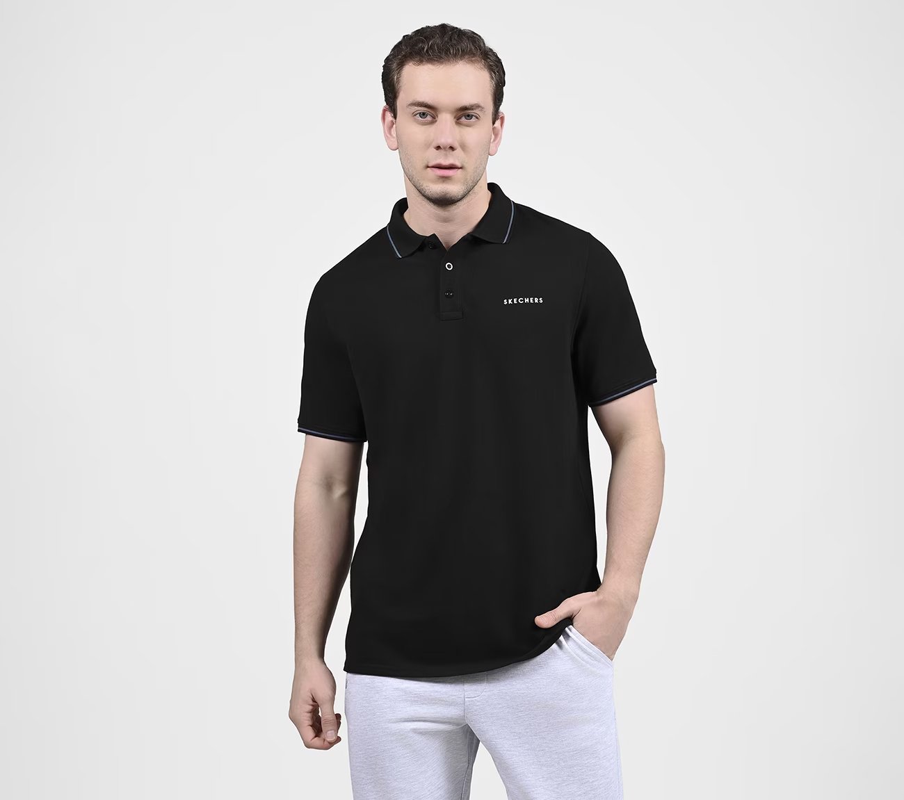 SKECHERS EVERYDAY POLO, BLACK/CHARCOAL/BLUE Apparel Lateral View