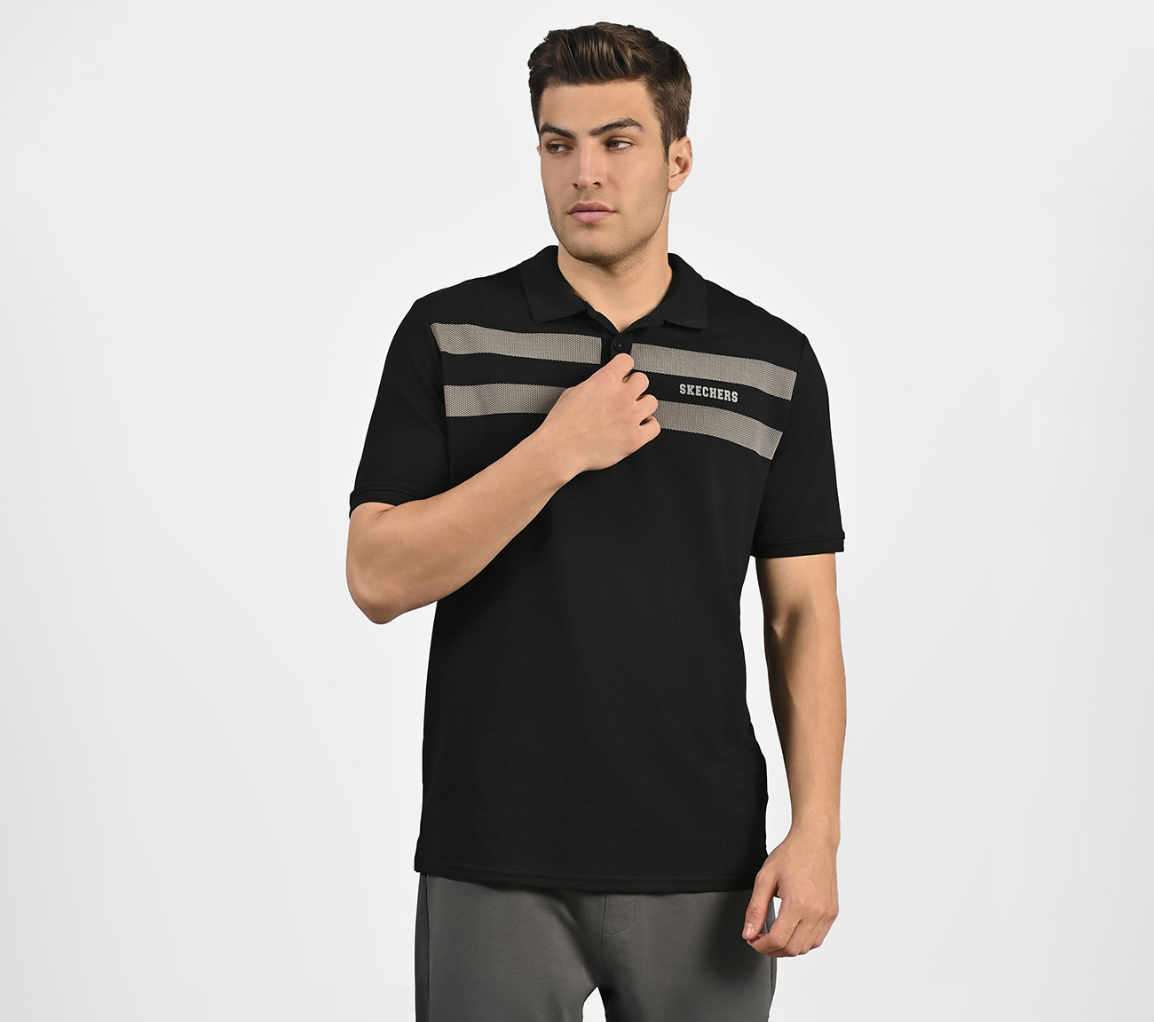 BRANDED DOUBLE PLACKET POLO, BLACK Apparel Lateral View