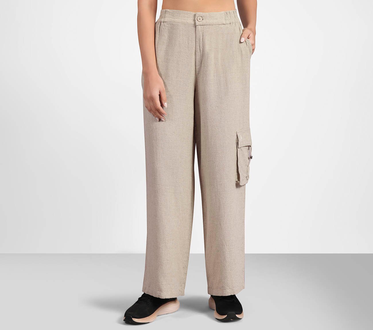 SOLID LINEN BRANDED PANT, BROWN/PINK Apparels Lateral View